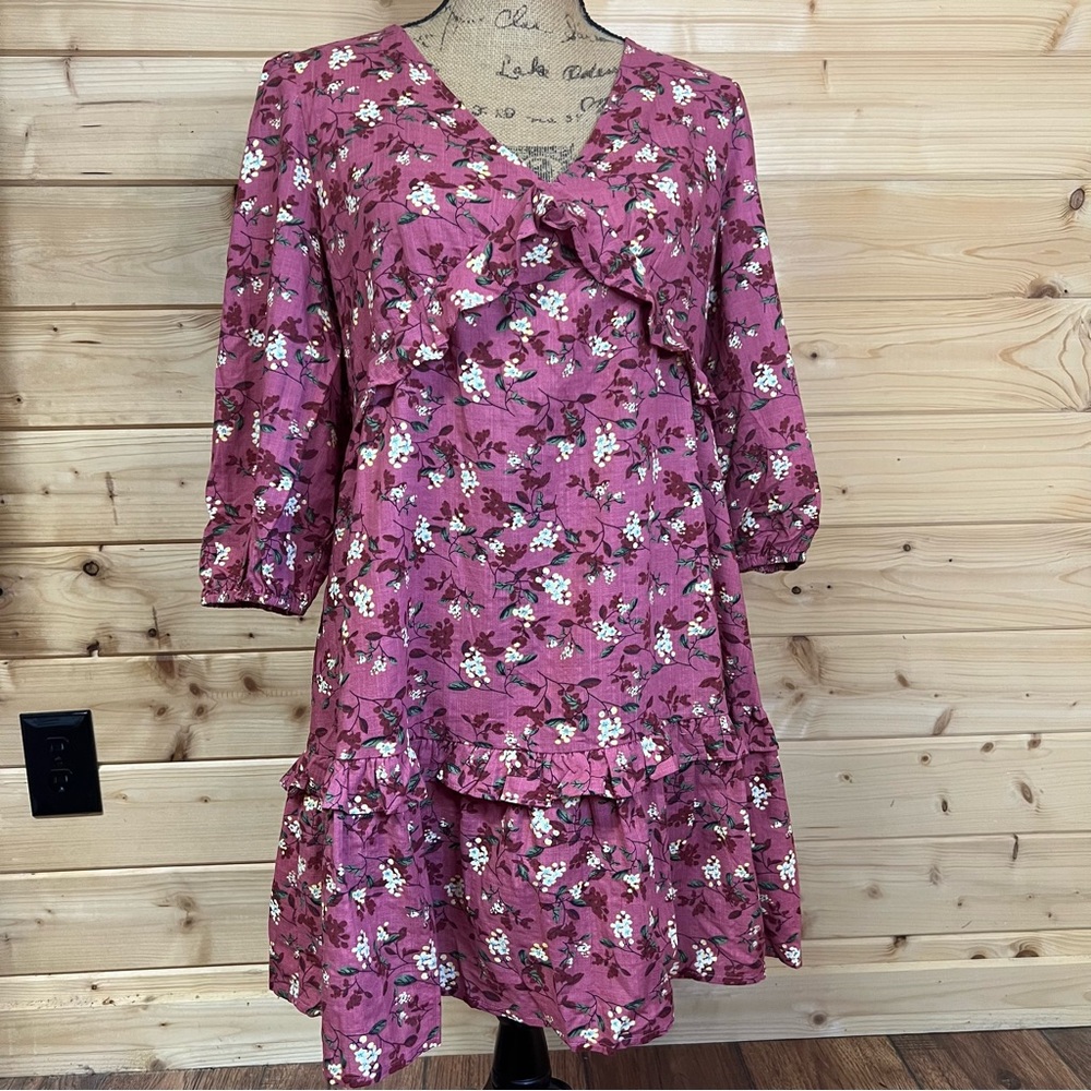 Lush RUFFLE TRIMMED OPEN BACK PRINTED DRESS IN MAGENTA FLORAL womens LARGE